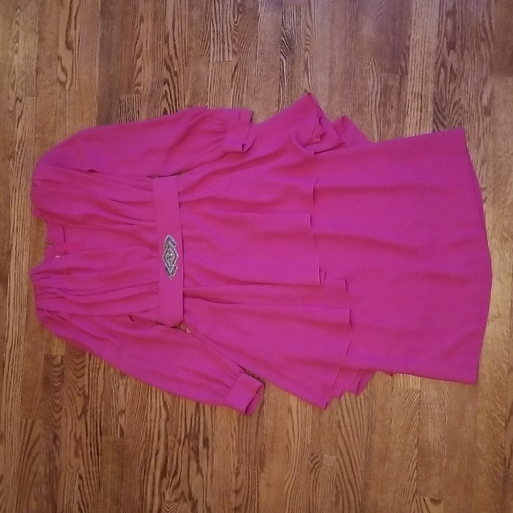 (7-8) Vintage AJ Adina J. Fashions Unique Solid Color Long Sleeve Belted Dress